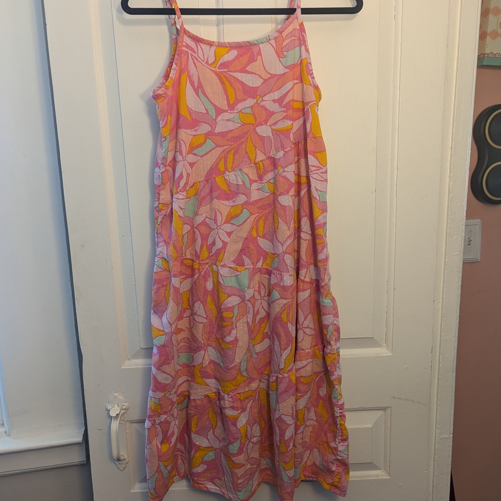 SO Pink Floral-Leaf Spaghetti-Strap Maxi Dress with Yellow Accents